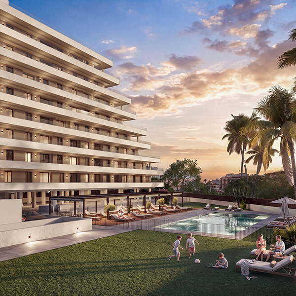 Zona de piscina de Residencial Belcaire – obra nueva en Moncofa (Castellón)